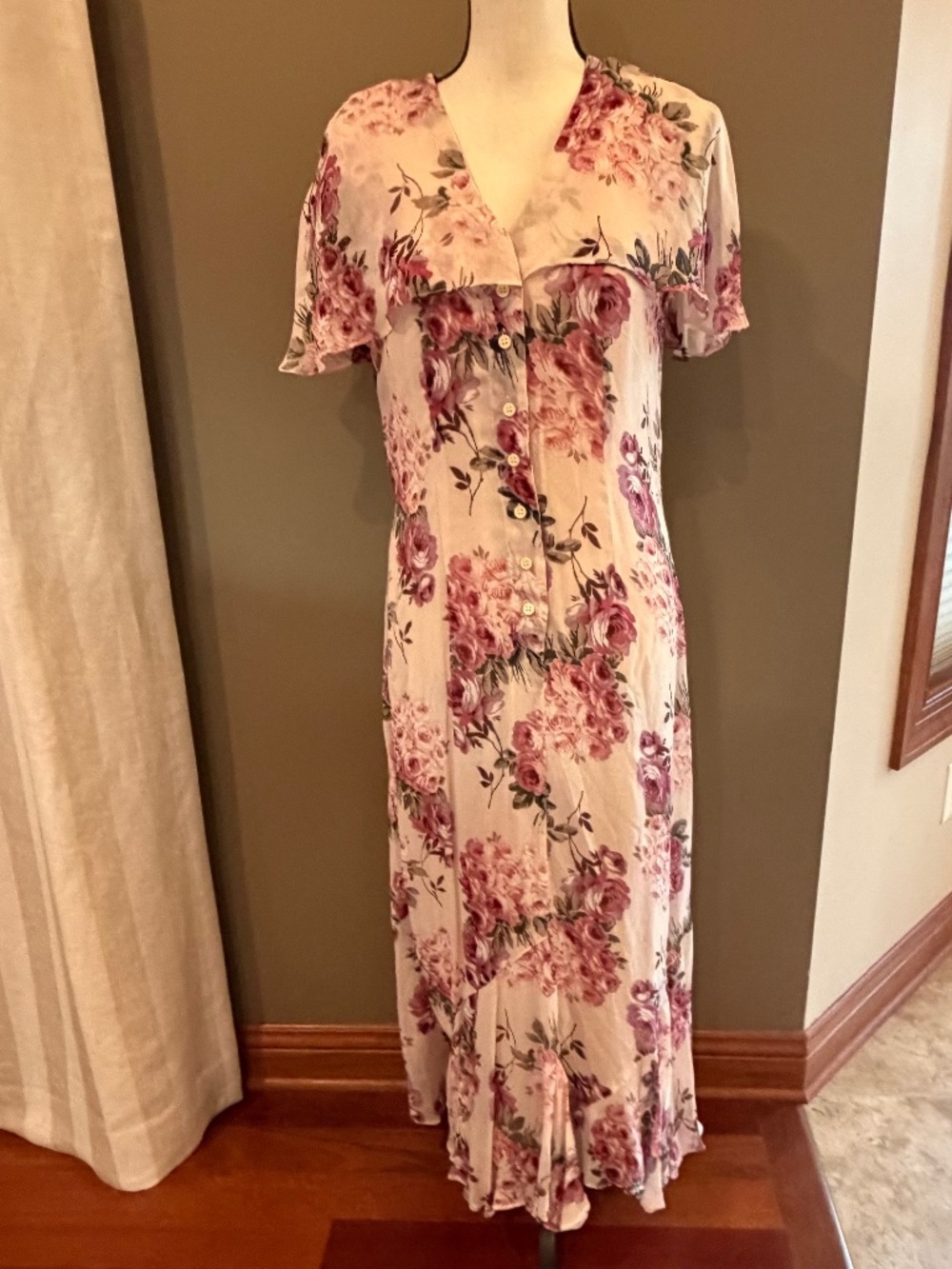 Vintage 90s Starina Pink Floral Maxi Dress Lined, Button Down, Size Small
